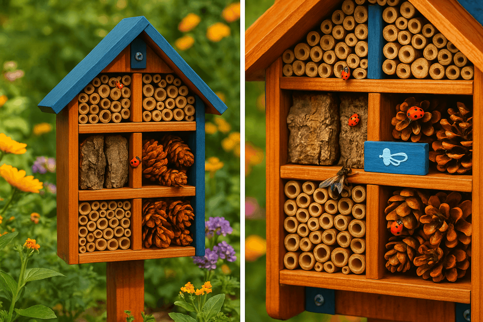 Rustic wooden insect hotel filled with bamboo tubes, pinecones, and natural materials attracting beneficial garden insects