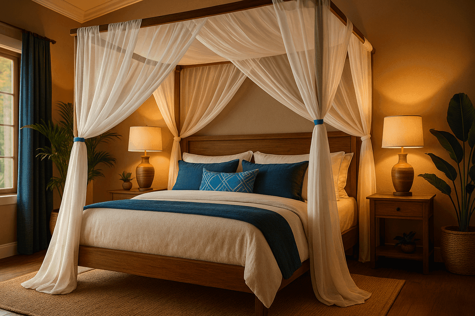 Romantic bedroom with flowing white sheer canopy draped over bed creating an elegant safari-chic atmosphere