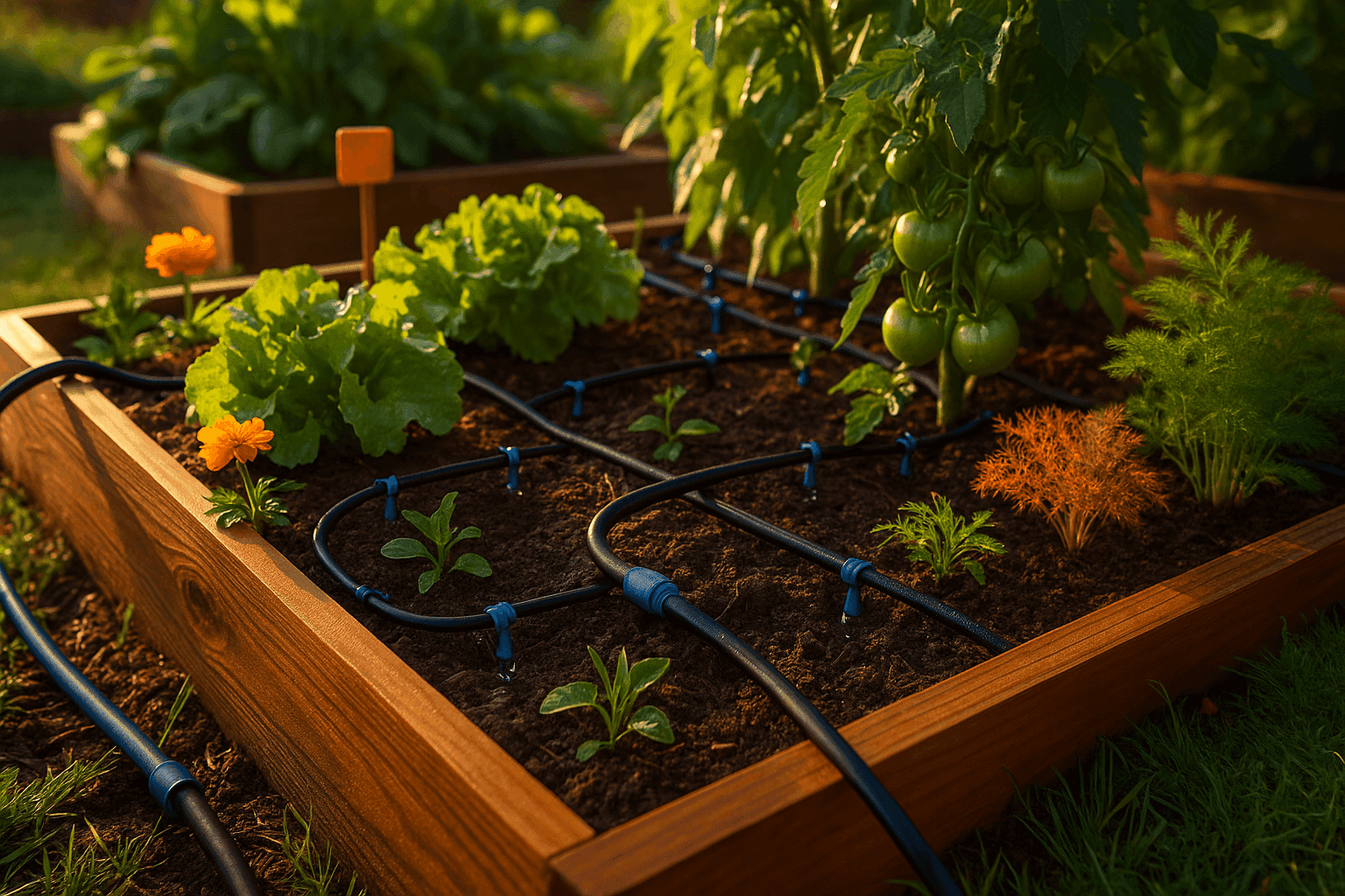Thriving vegetable garden with drip irrigation tubes winding through raised beds delivering water directly to plant roots