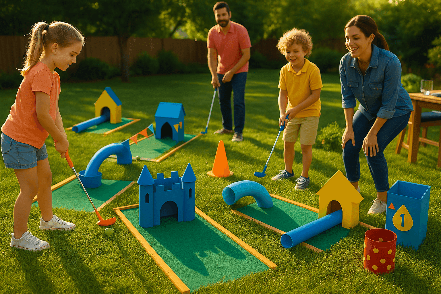 Colorful backyard mini golf course with creative cardboard obstacles, ramps, and tunnels with family playing together
