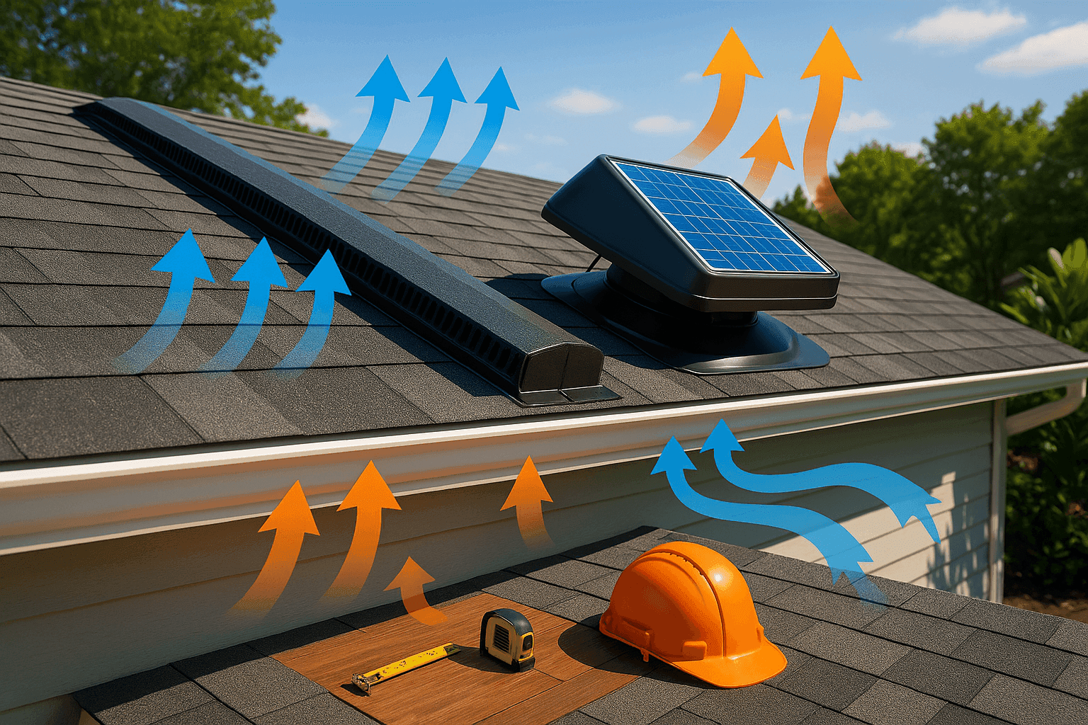 Newly installed attic vent fan on a sunny roof with visible airflow and temperature comparison graphics