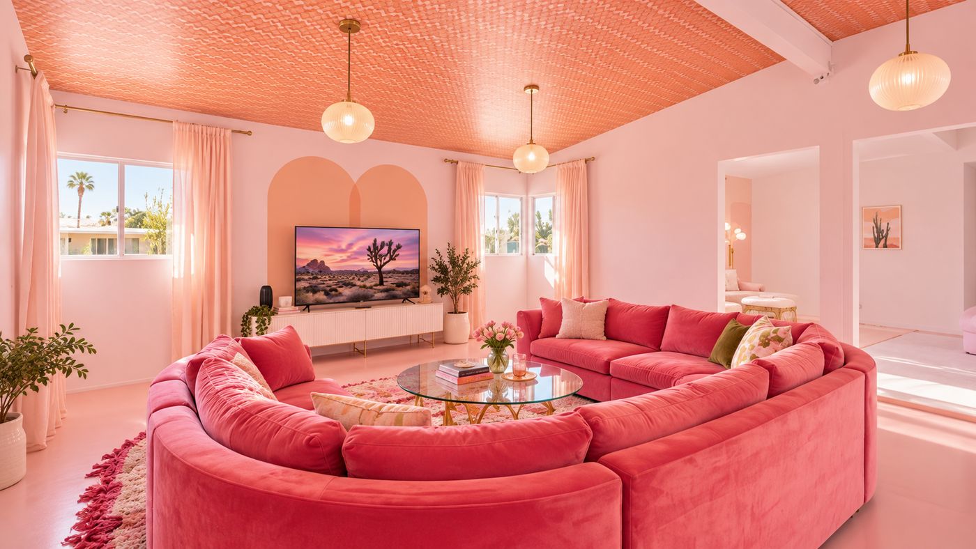 Bright pink maximalist living room and kitchen in a Twentynine Palms, California home