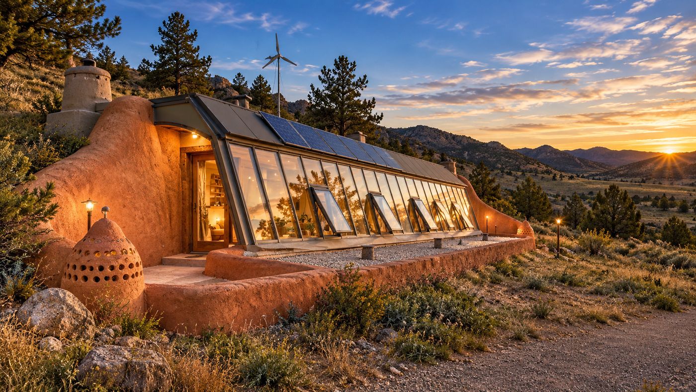 Off-grid Earthship home bermed into the Laramie Peak foothills in Wheatland, Wyoming