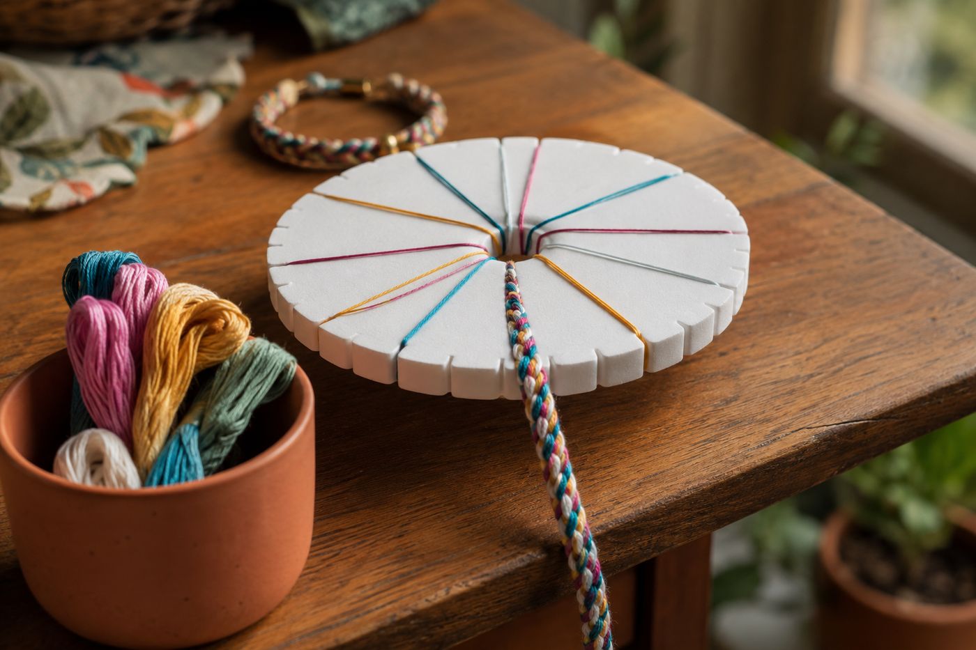 A foam kumihimo disk with colorful embroidery floss strands, showing a braided cord growing through the center hole
