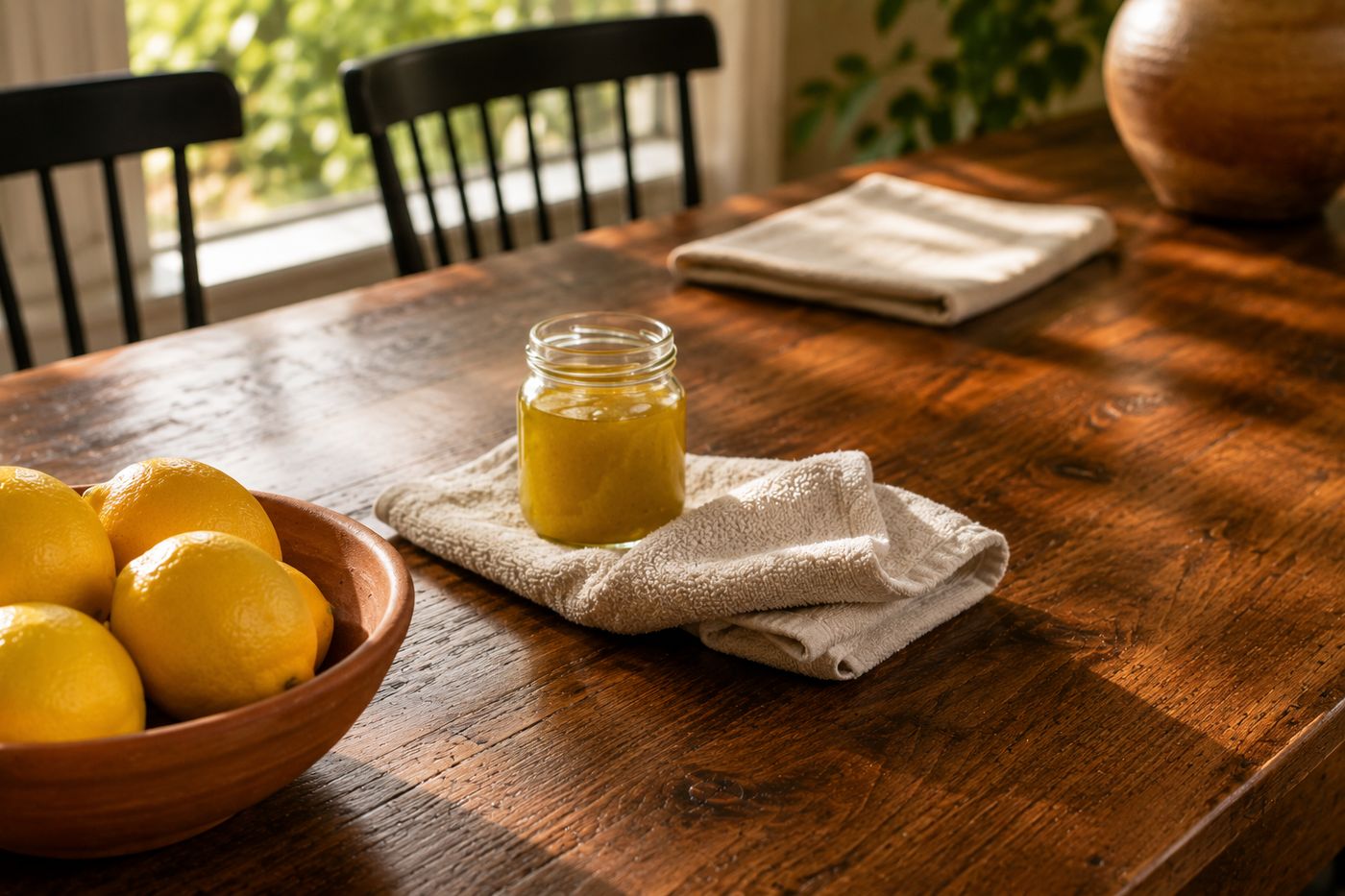 A warm wooden dining table with a rich, deep grain finish, alongside a small jar of homemade olive oil and lemon wood polish and a soft cloth