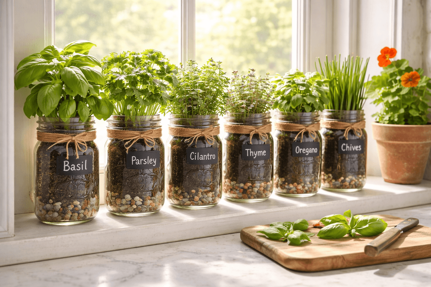Six mason jars planted with different fresh herbs arranged on a sunny south-facing kitchen windowsill with chalkboard labels and twine-wrapped necks, lush green growth visible through the glass