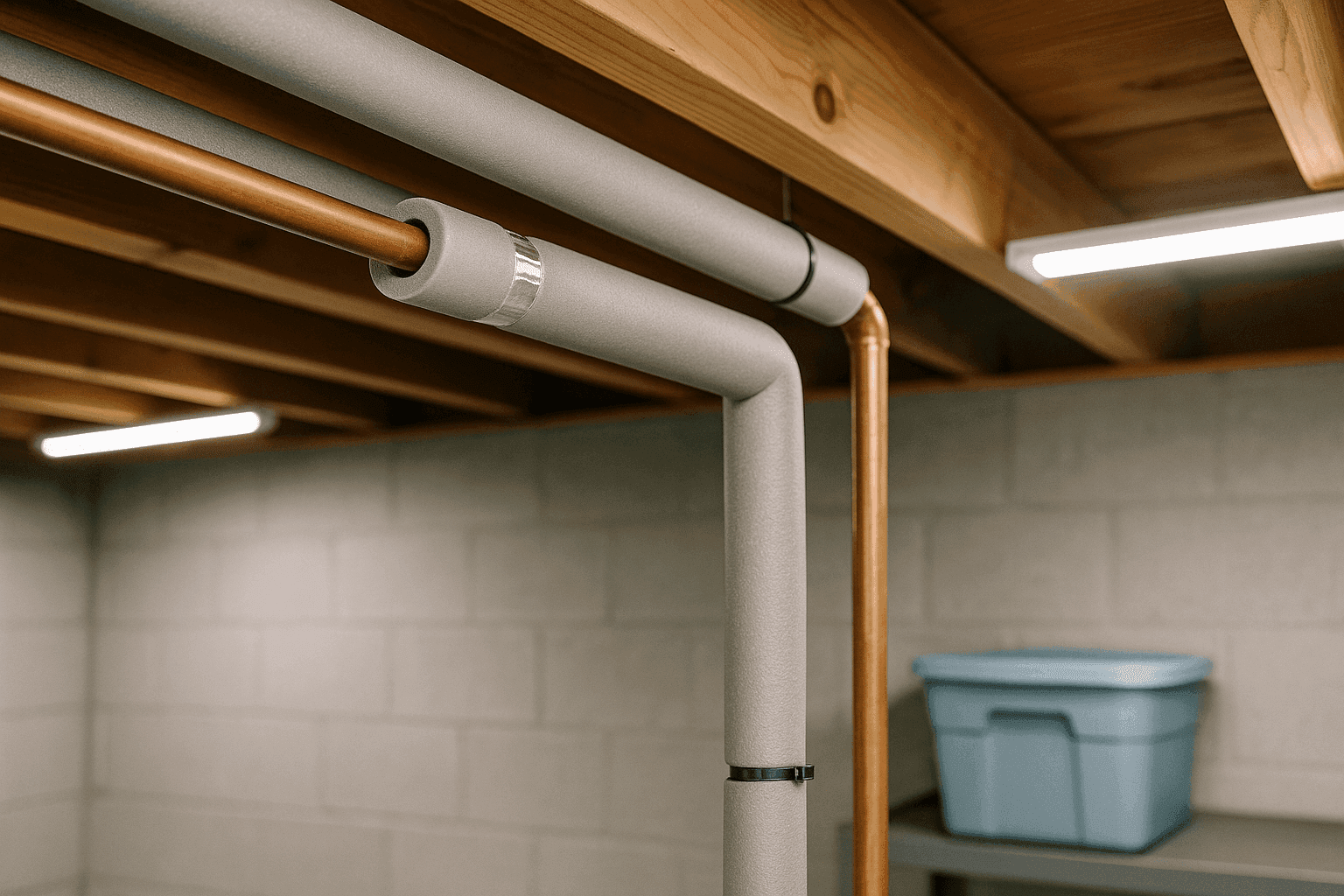 Foam pipe insulation sleeves installed on exposed copper water pipes in basement ceiling with proper sealing at joints