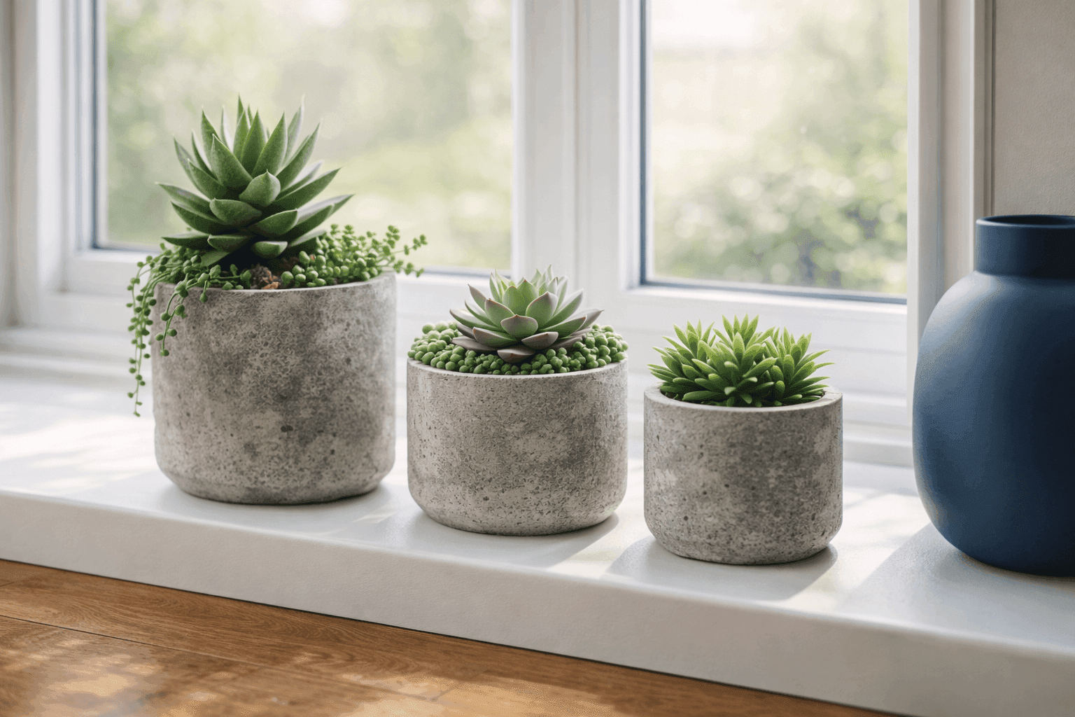 Collection of faux concrete planters in graduated sizes with succulents arranged on modern windowsill showing realistic textured finish