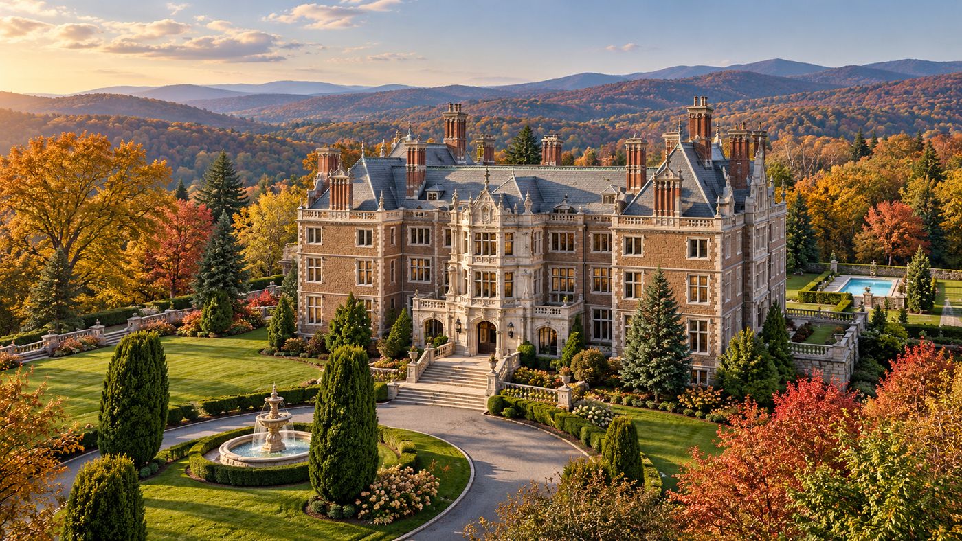 The Crocker Mansion, a 1907 Gilded Age stone estate with formal gardens in Mahwah, New Jersey