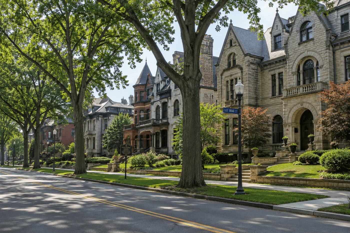 East Broad Street in Columbus, Ohio's Olde Town East neighborhood, with late 19th century stone and brick mansions set back from the boulevard.