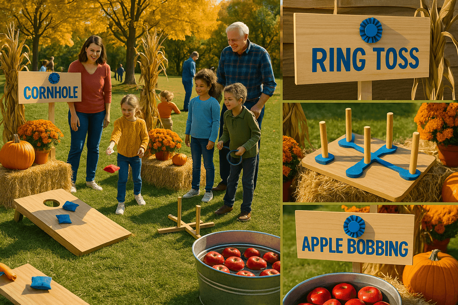 Festive backyard harvest festival setup with cornhole boards, ring toss game, and apple bobbing station surrounded by autumn decorations