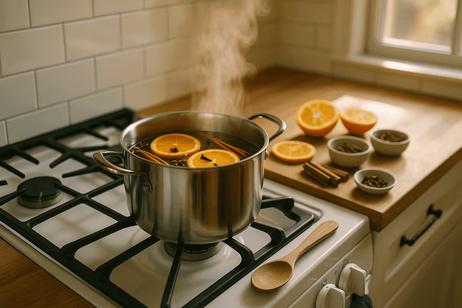 Simmering pot on stove with orange slices cinnamon sticks and cloves creating aromatic steam in cozy kitchen