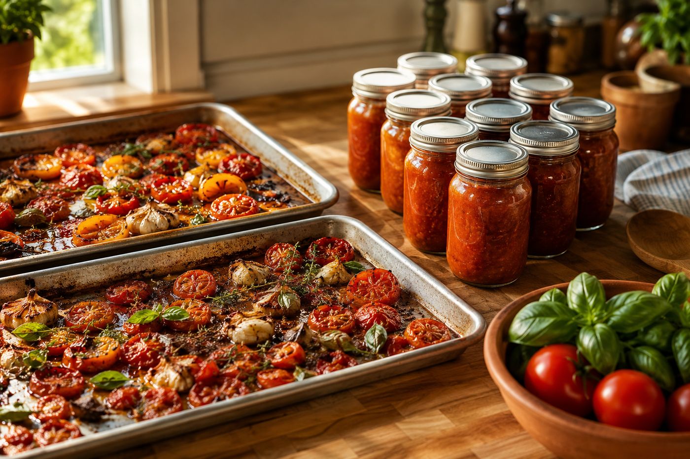 Sheet pans of roasted tomatoes, garlic, and fresh herbs fresh from the oven, alongside jars of finished freezer sauce