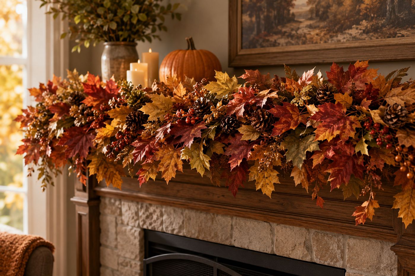 A dense fall leaf garland in rich reds, oranges, and golds draped across a mantel, with mini pinecones and berries tucked throughout