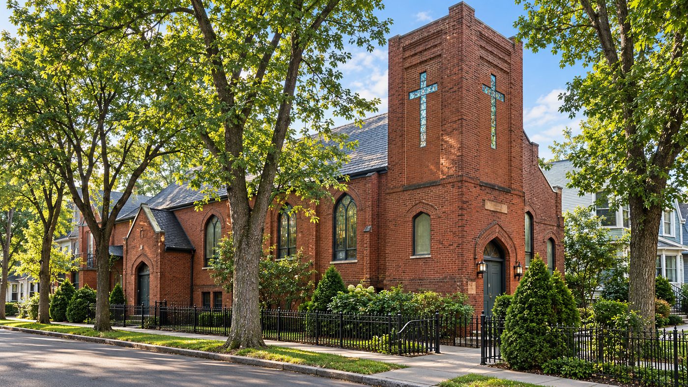 Converted red-brick church with bell tower and stained glass windows in Chicago's Roscoe Village