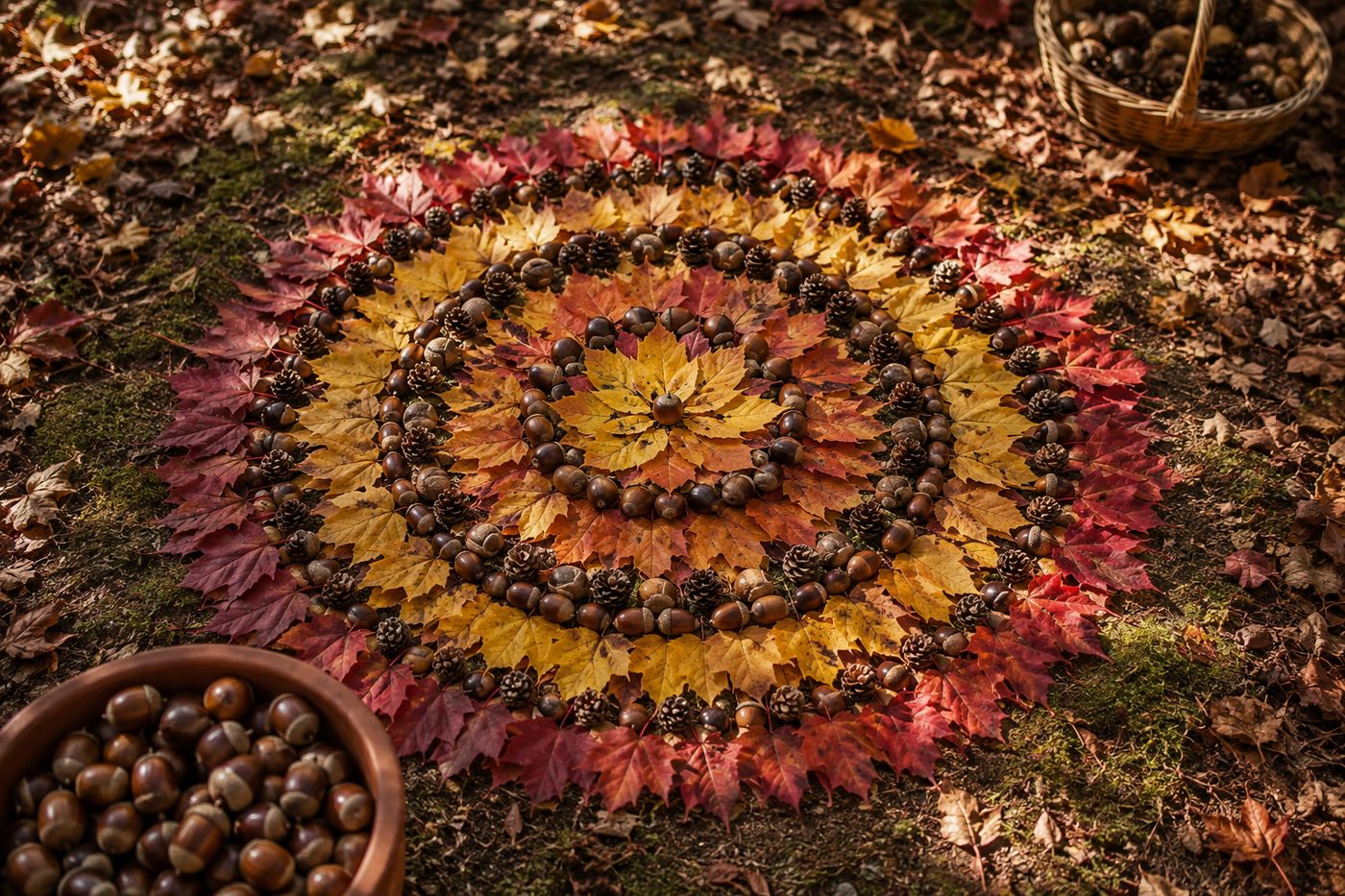 A symmetrical mandala made from fallen autumn leaves, acorns, and pinecones arranged in concentric rings on the ground