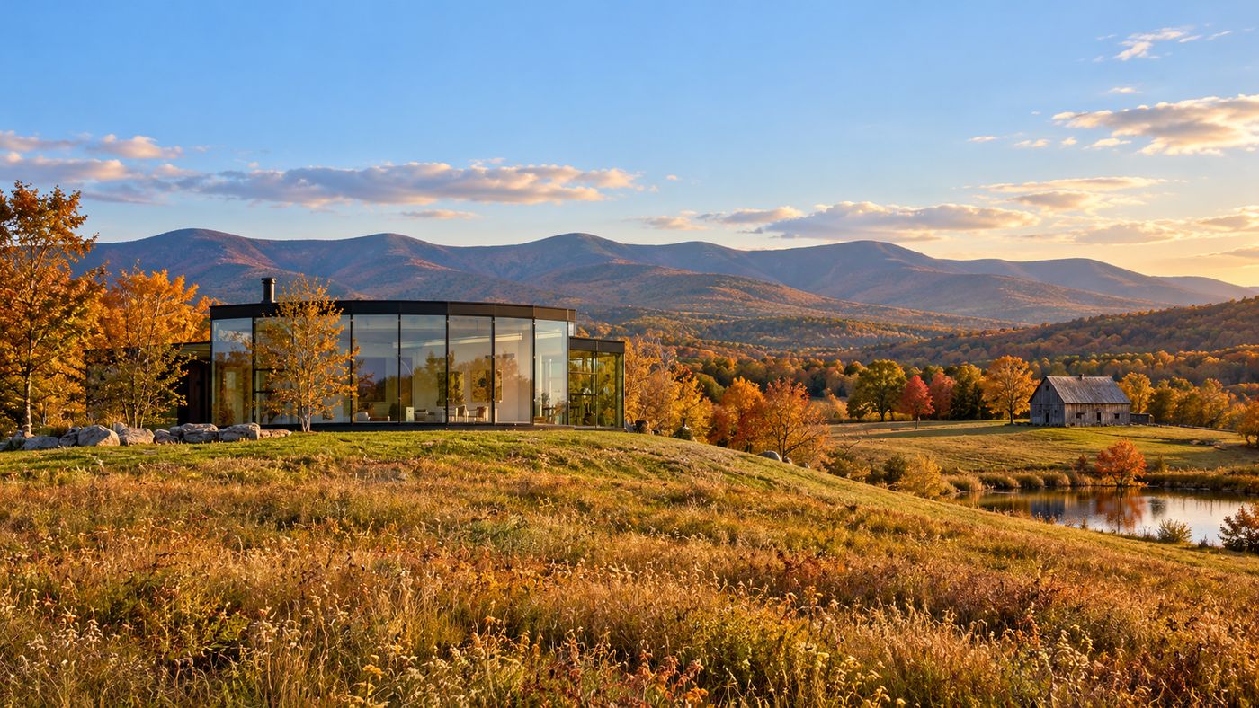 A modern glass house on a hilltop overlooking the Catskill Mountains in Craryville, New York