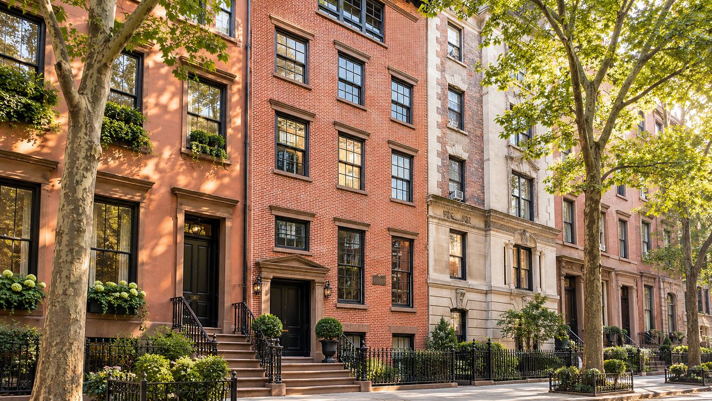 Historic red brick Georgian townhouse on a tree-lined Greenwich Village street in New York City
