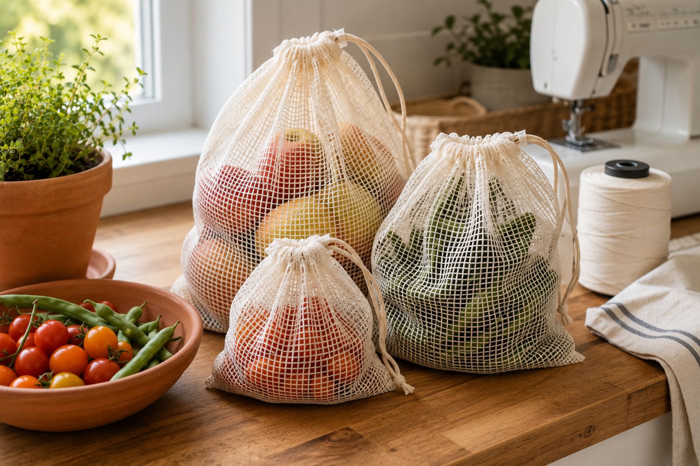 A set of reusable mesh produce bags in two sizes with drawstring closures, filled with fresh vegetables on a kitchen counter
