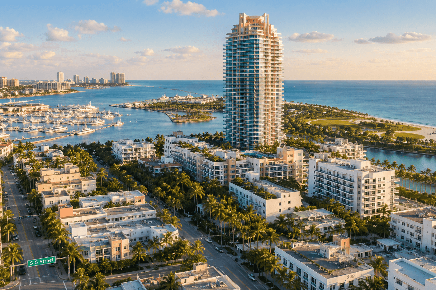The South of Fifth Street neighborhood in Miami Beach, with Portofino Tower rising above Biscayne Bay and the Atlantic Ocean visible beyond South Pointe Park.
