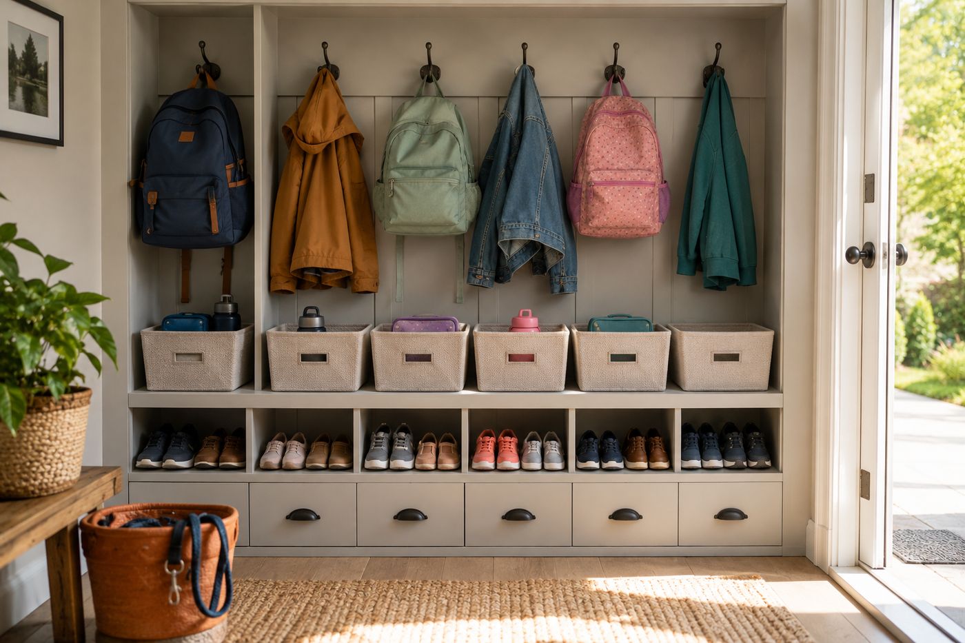 Organized entryway closet with individual hooks, labeled bins, and a shoe rack sorted into designated zones for each family member