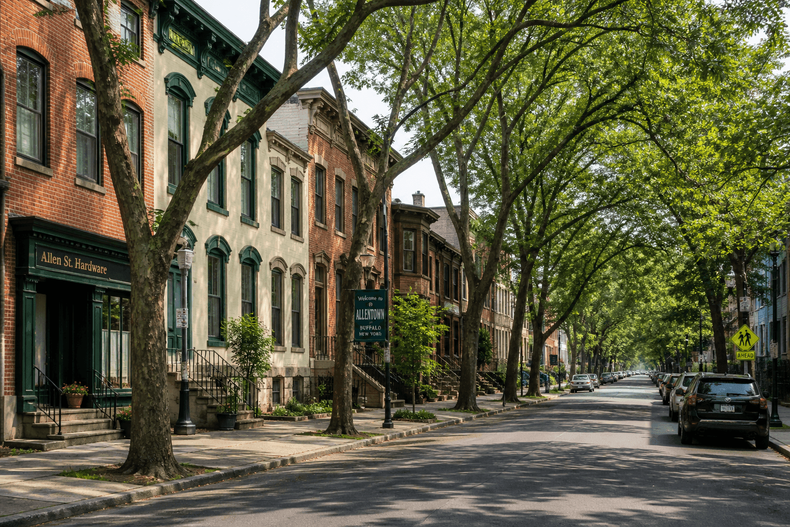 A tree-lined street in Buffalo's Allentown neighborhood, with historic brick and stucco buildings and mature canopy trees.