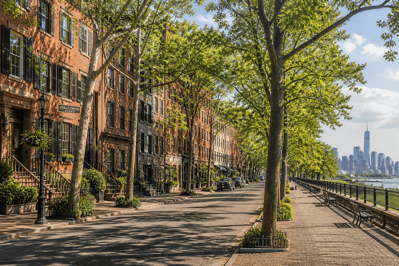 A tree-lined street in Brooklyn Heights, New York, with historic brownstones and converted brick buildings steps from the Brooklyn Promenade.
