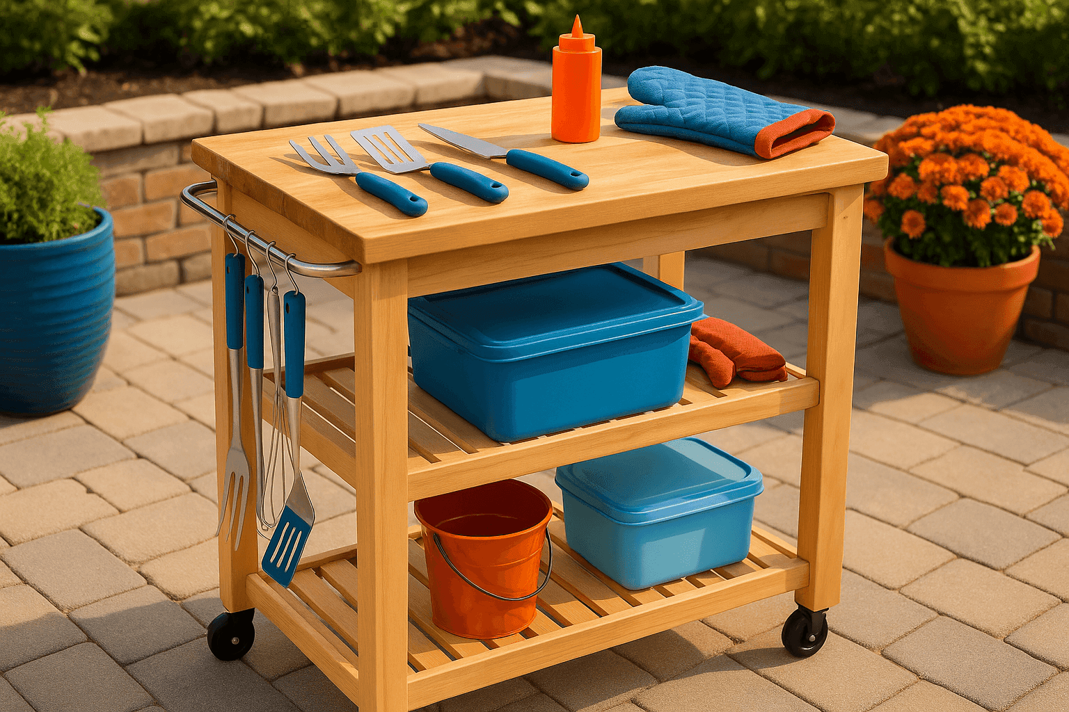 Custom-built rolling BBQ prep cart with butcher block cutting board top, storage shelves, and grilling tools ready for outdoor cooking