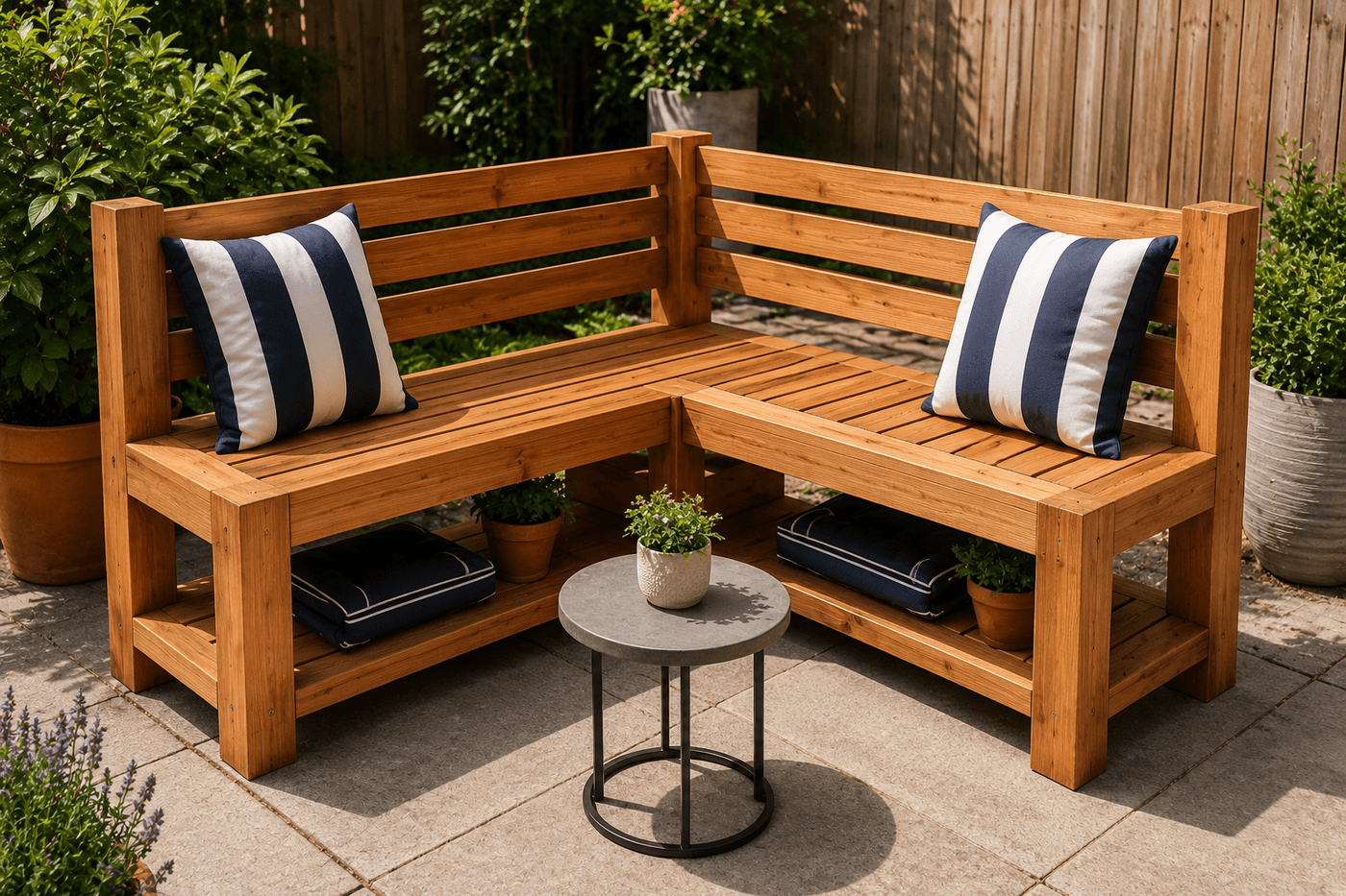 Cedar L-shaped corner bench on a sunny patio with teak oil finish, lower storage shelf visible between legs, two outdoor cushions in deep stripe pattern, and a small side table in the open corner beside the bench