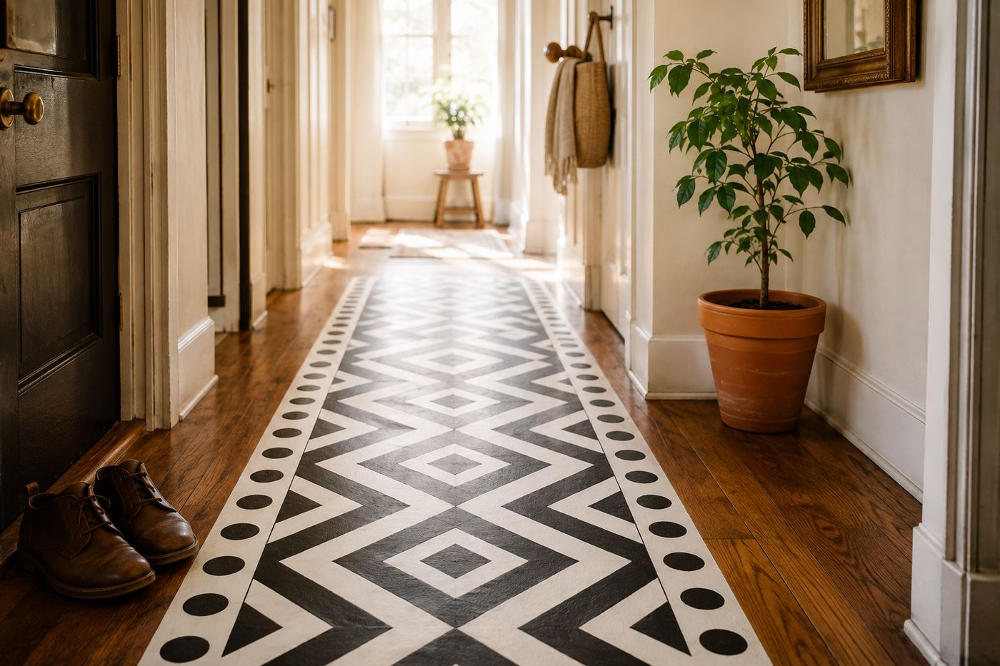 A bold hand-painted floor runner rug in a hallway, showing a black and white geometric diamond pattern on wood flooring