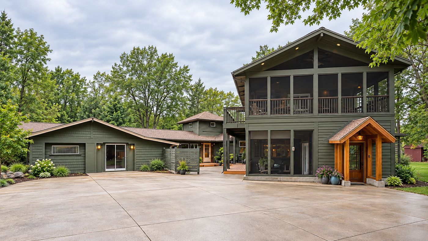Two-story home with attached second residence and green exterior in DeWitt, Michigan