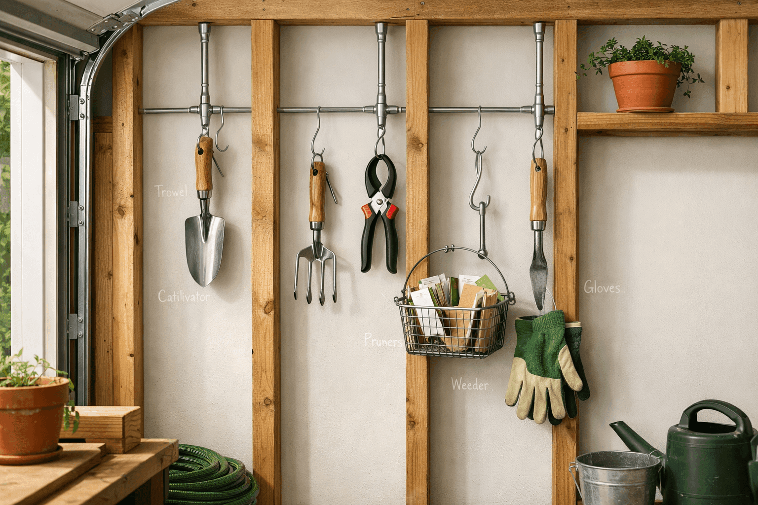 Neat garden tool organizer using vertical tension rods with S-hooks holding trowels, pruners, and hand tools in a tidy garage wall space between wooden studs