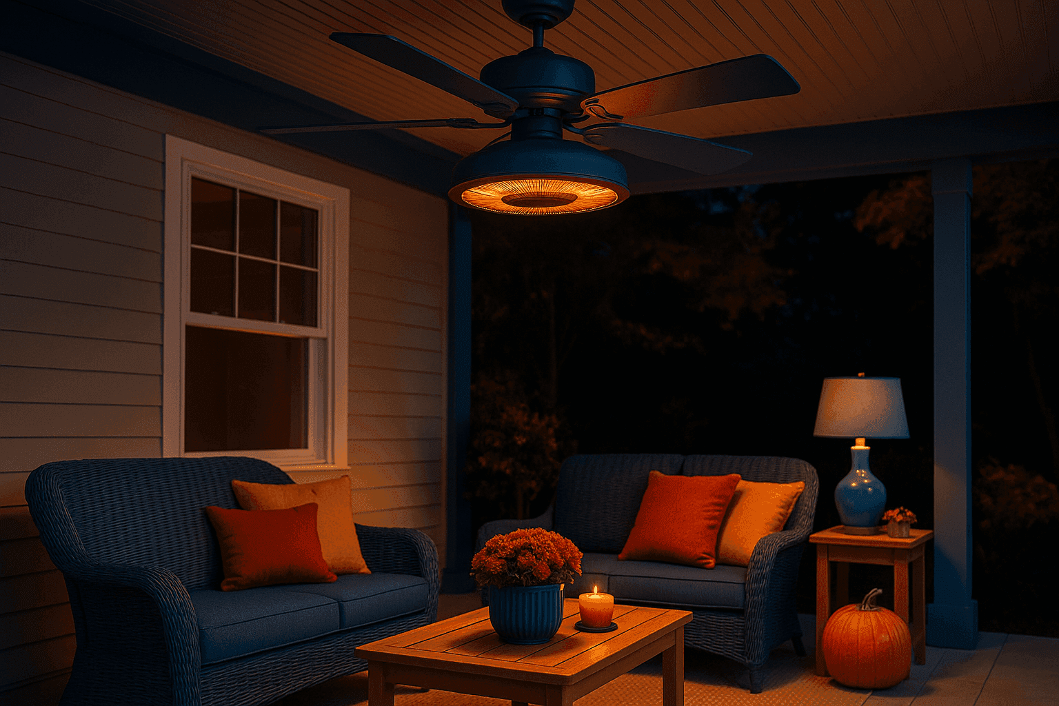 Covered porch ceiling fan with heating element providing warmth and comfort for extended outdoor living during cooler months