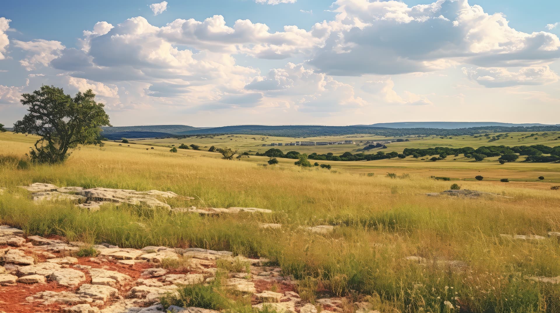 Rolling wooded hills of the Texas Hill Country near San Antonio, with limestone outcroppings and native oak trees under a wide blue sky.