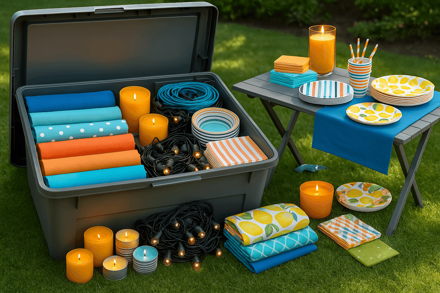 Organized garden party kit with colorful tablecloths, citronella candles, string lights, and party essentials in storage container