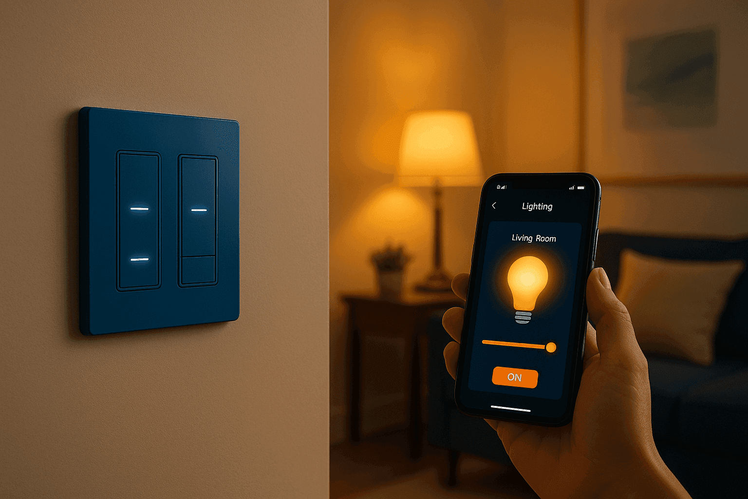 Modern smart light switch installation showing sleek programmable switch with smartphone app control during evening home lighting automation