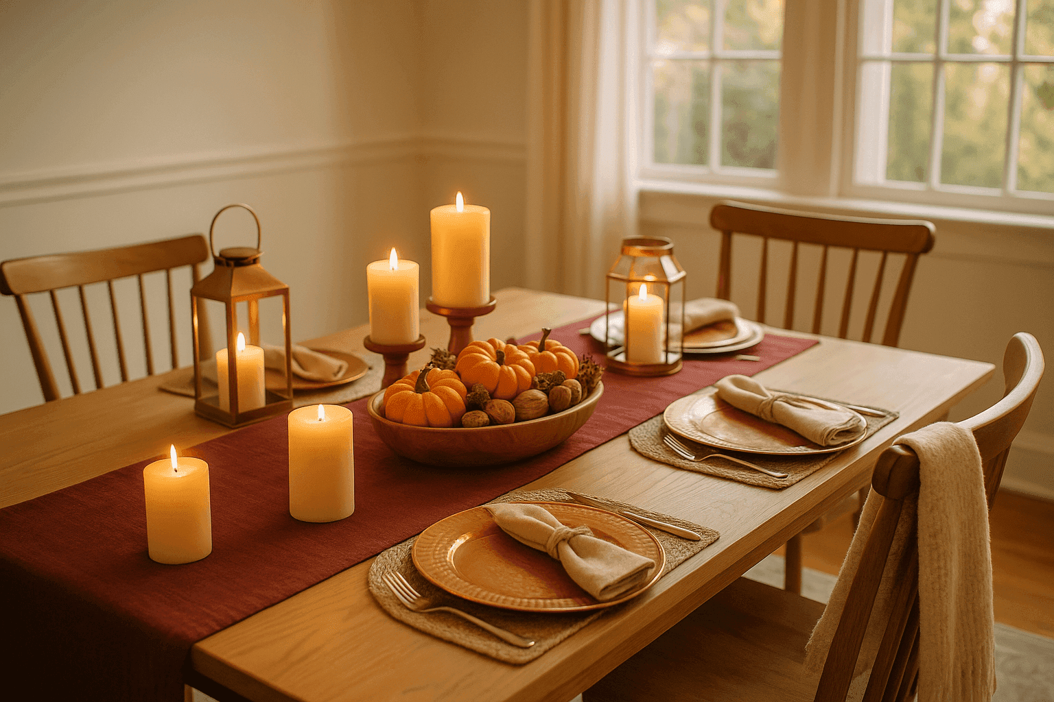 Elegant dining room with rich burgundy table runner, warm candlelight, and autumn centerpiece on wooden dining table