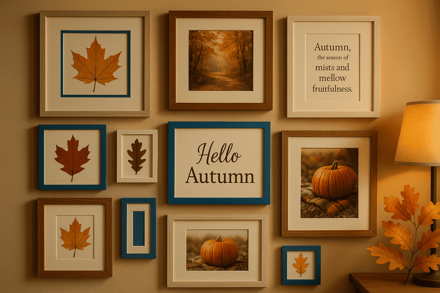 Beautiful autumn wall art gallery featuring framed pressed leaves, harvest photography, and inspirational fall quotes arranged in elegant gallery wall composition