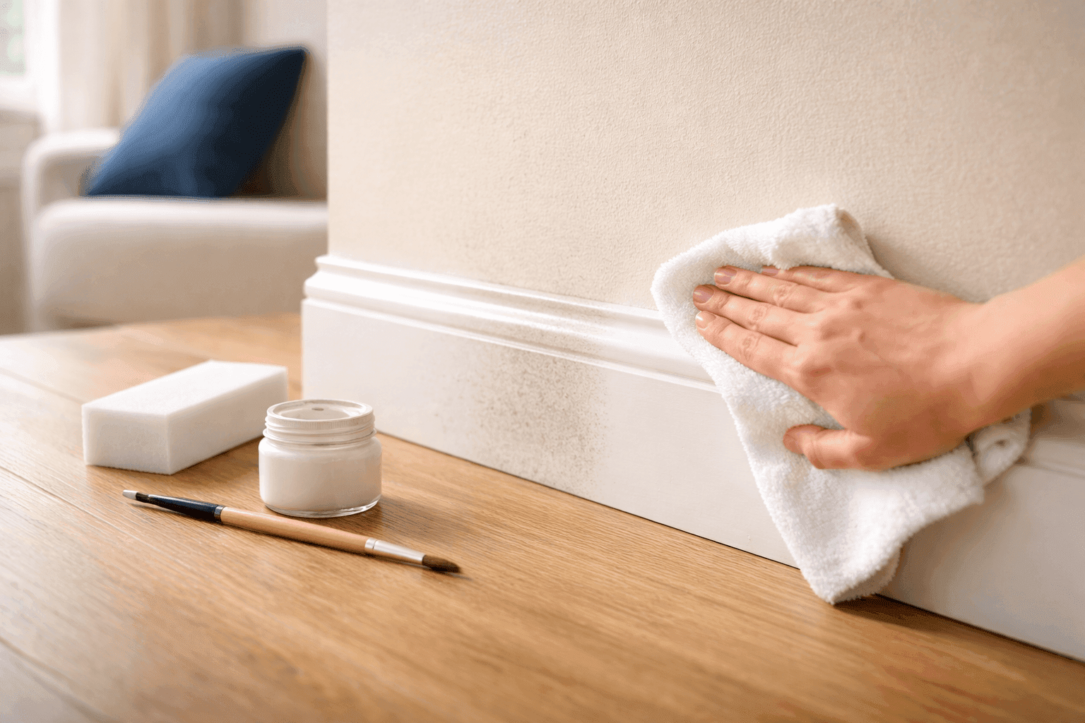 Clean white baseboards being wiped with cloth showing before and after difference