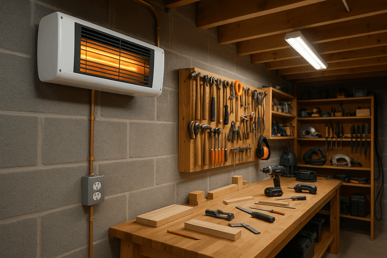 Well-organized basement workshop with electric heater installed on wall near workbench with tools and project materials