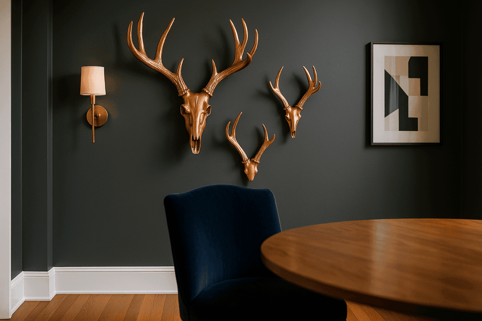 Rose gold metallic faux antlers mounted asymmetrically on wall creating glamorous modern statement art installation