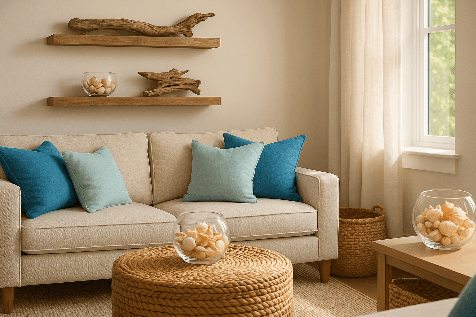 Serene coastal-themed living room with seashells, driftwood decor, woven textures, soft blue pillows, and sandy neutral tones