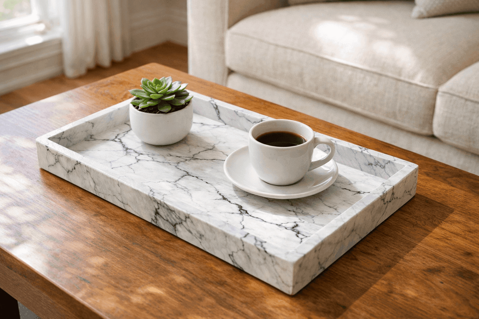 Dollar store tray painted with faux marble finish looking luxurious on coffee table