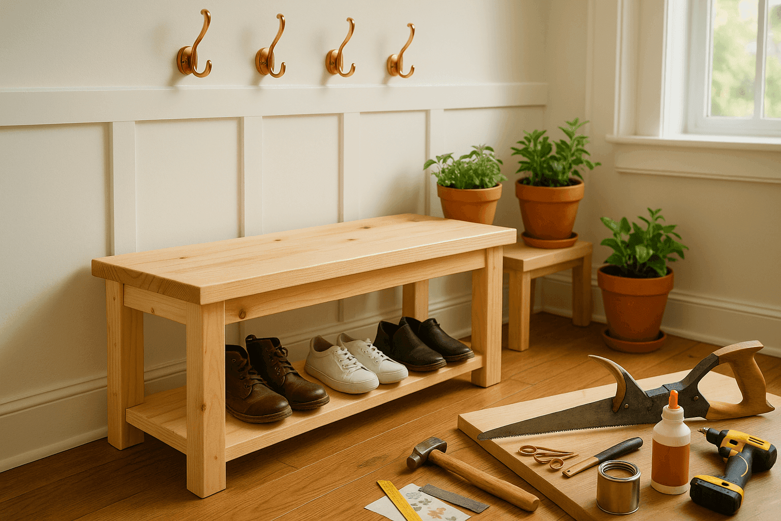 Handcrafted wooden entryway bench made from 2x4 frame with solid board top and lower shelf storing shoes in welcoming home entrance