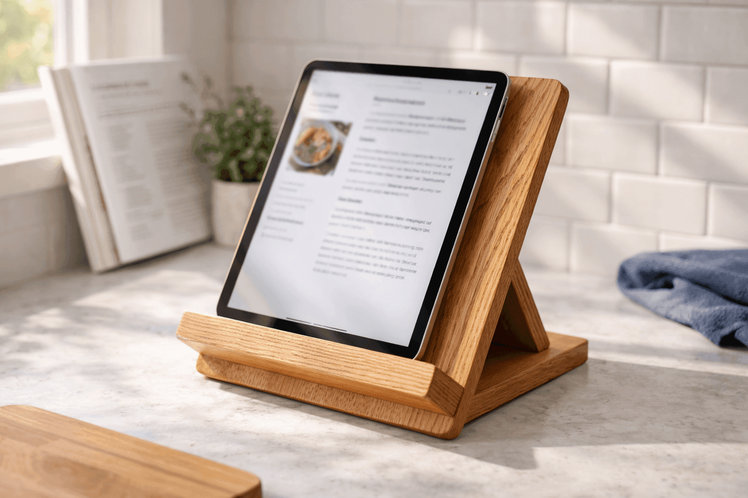 Handmade wooden tablet stand with natural oak finish holding a tablet on kitchen counter with cookbook in background