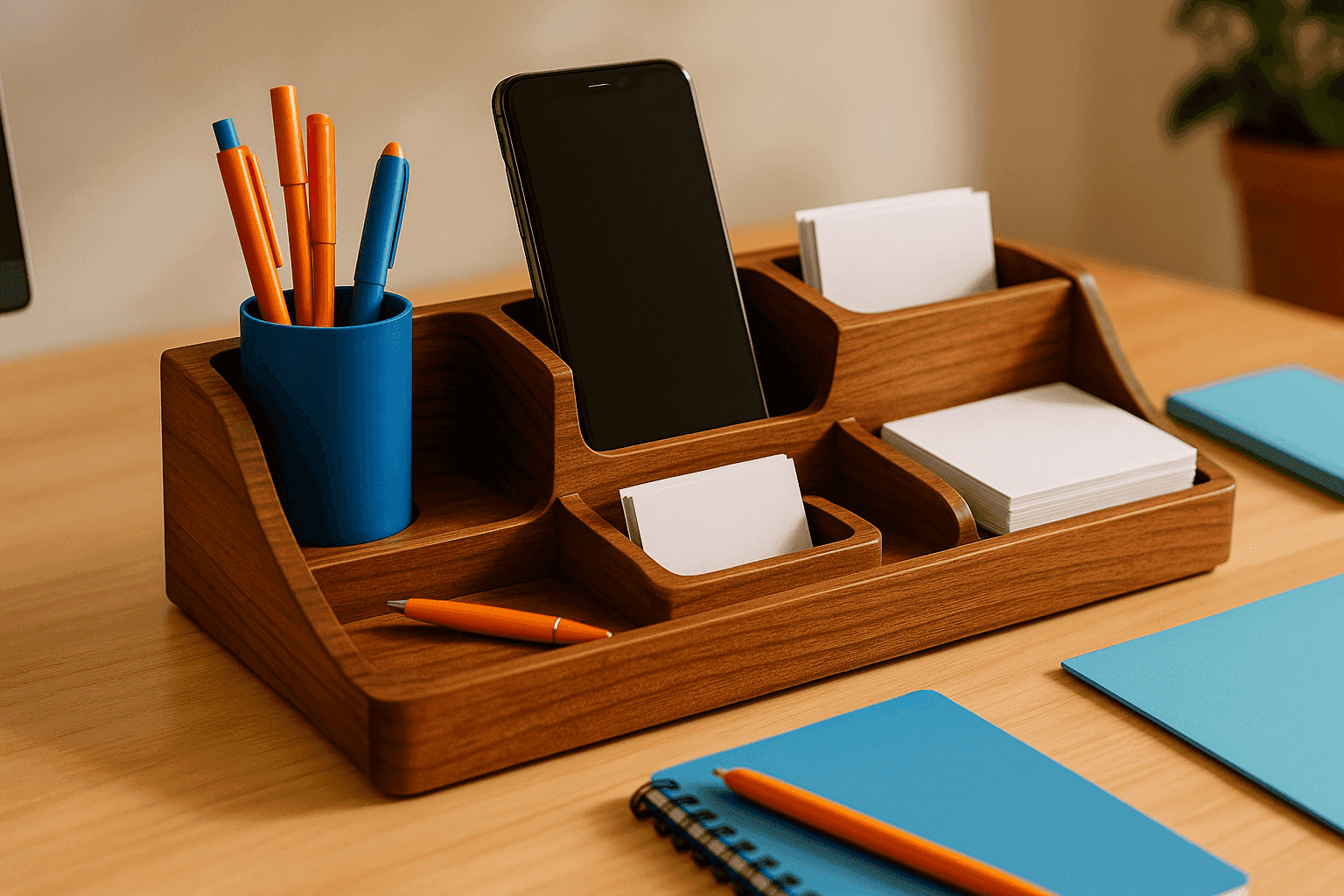 Beautiful handcrafted wooden desk organizer with multiple compartments holding pens, phone, and papers in organized workspace setting