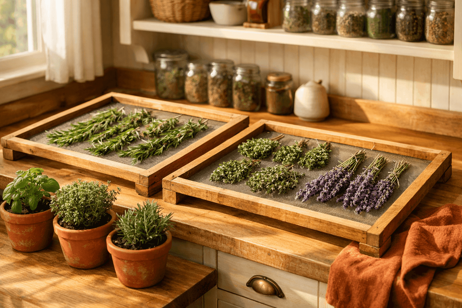 Rustic wooden herb drying rack with mesh screen stretched across the frame, holding freshly harvested rosemary, thyme, and lavender bundles in a bright farmhouse kitchen
