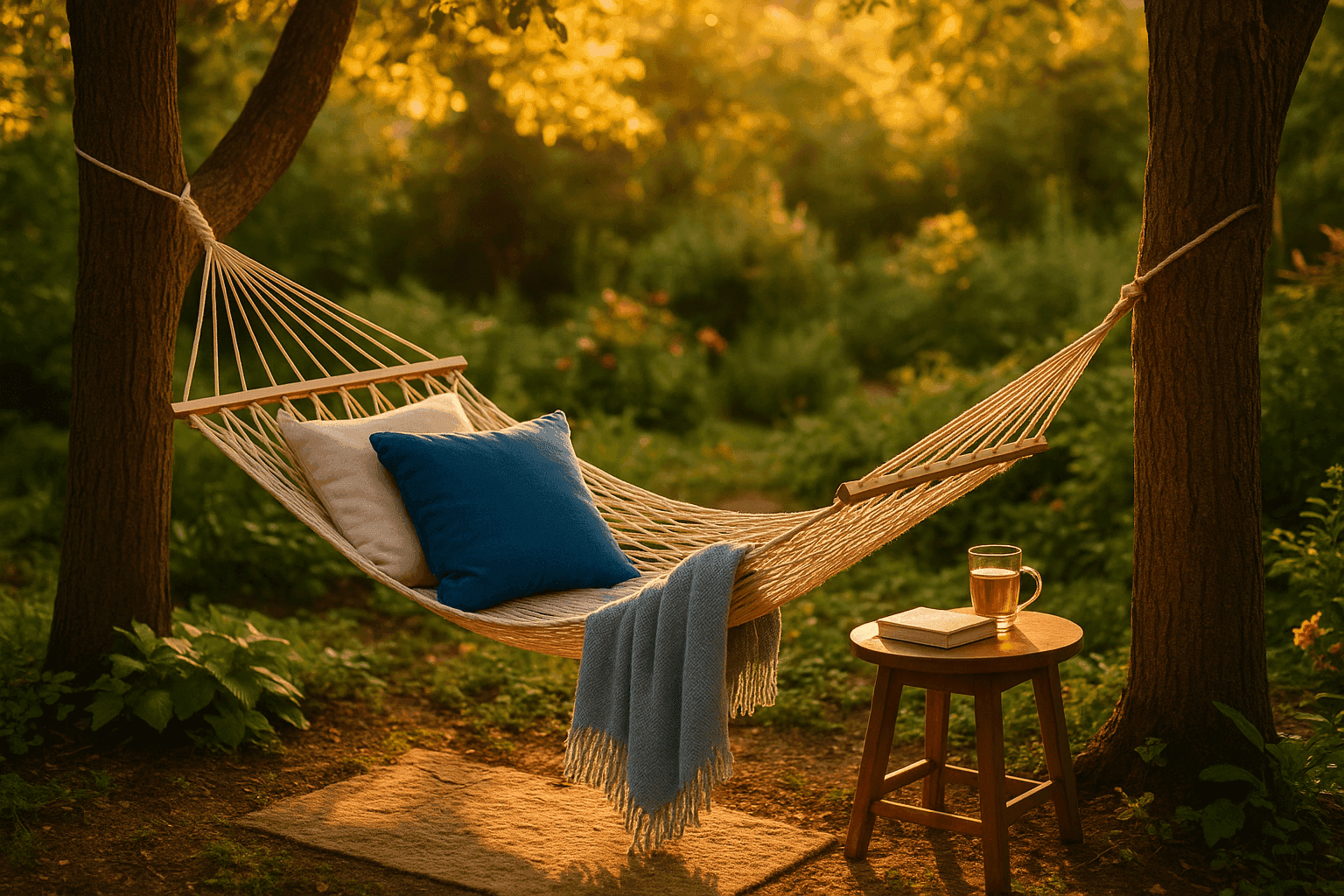 Cozy hammock nook with comfortable hammock, soft cushions, small side table, and peaceful garden setting