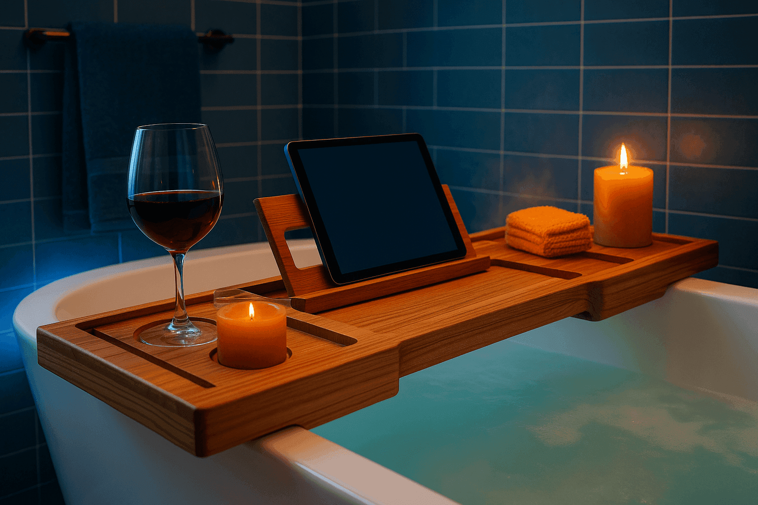 Elegant wooden bath tray spanning bathtub with wine glass holder, tablet stand, and candles creating spa-like atmosphere