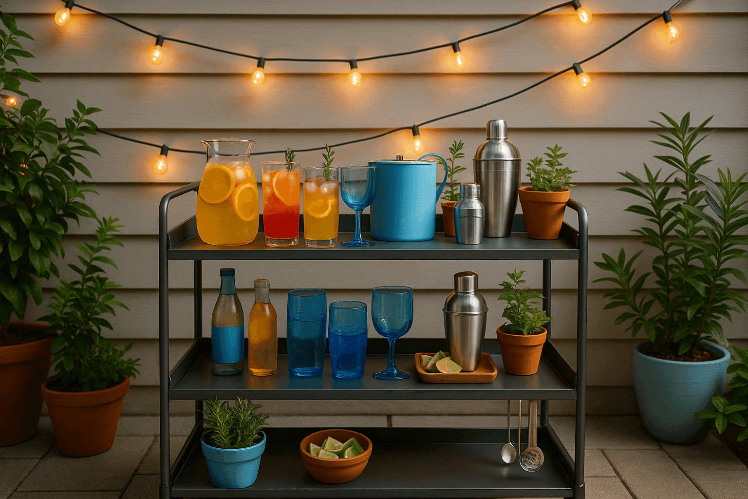 Stylish outdoor bar cart with summer drinks, glasses, and refreshment essentials perfectly organized for entertaining